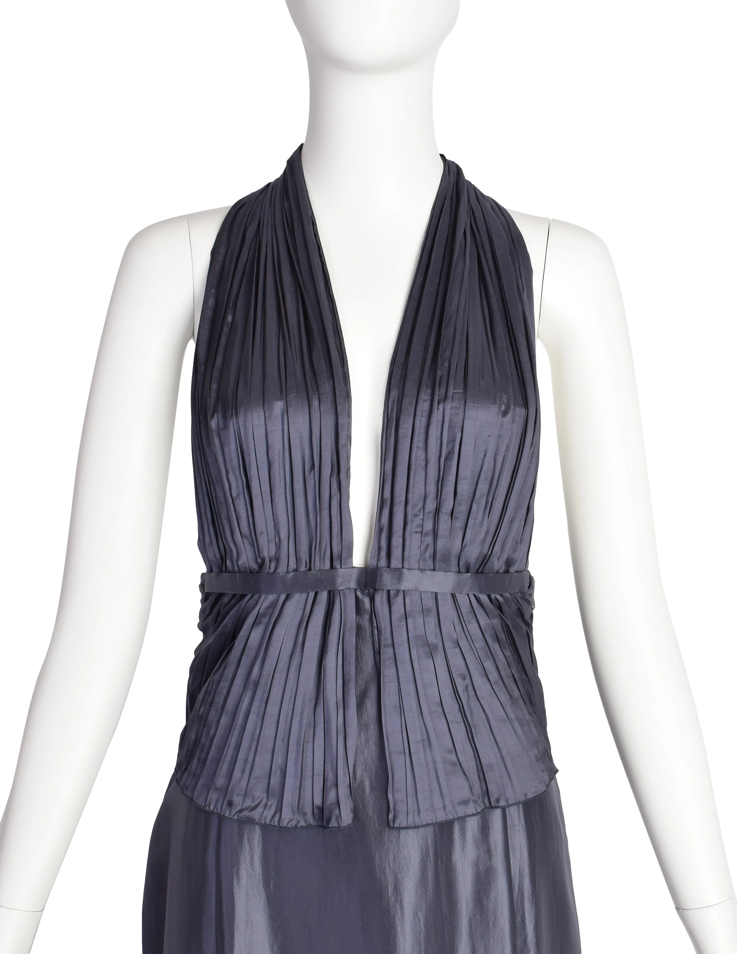 Giorgio Armani Vintage Stunning Graphite Silk Pleated Bodice Backless Full Length Halter Gown