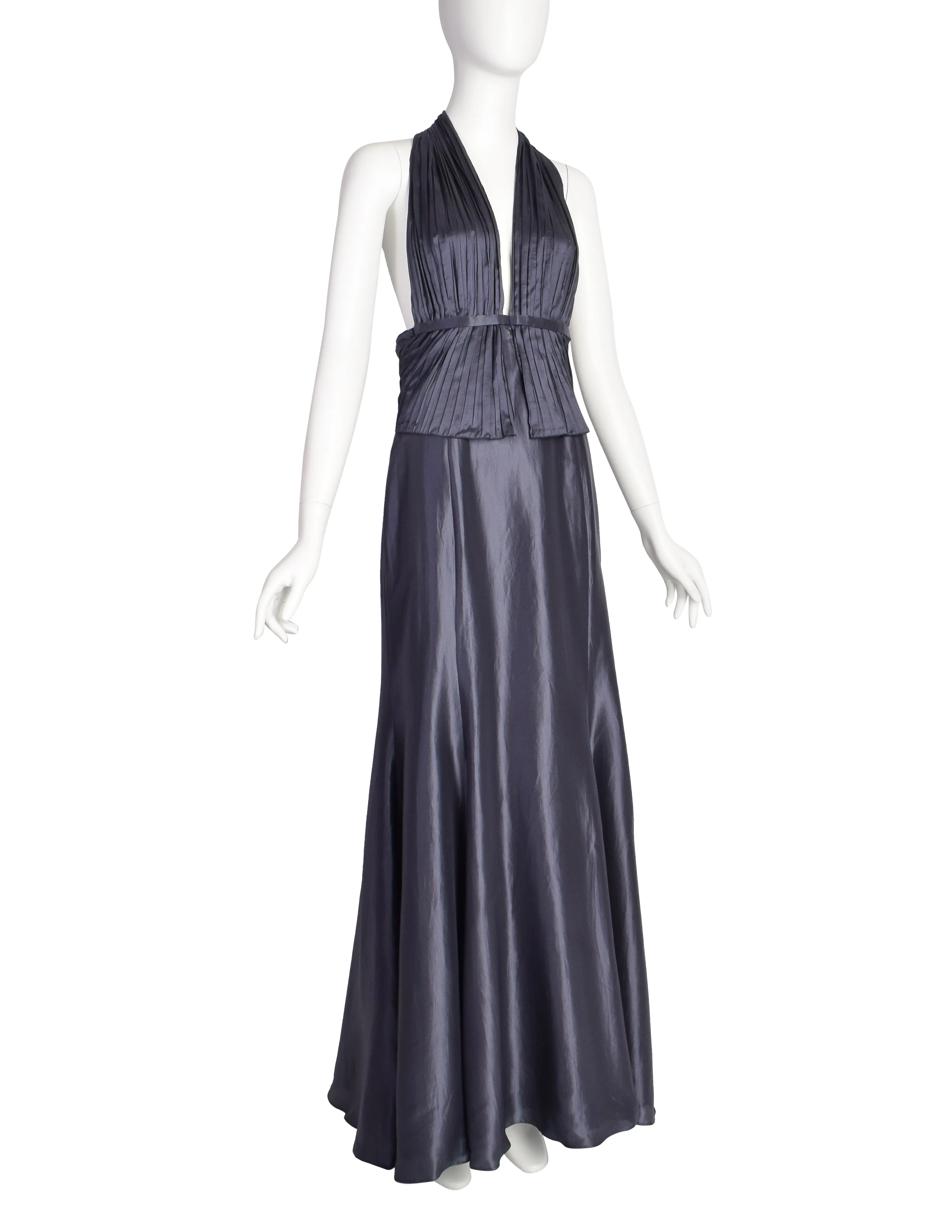 Giorgio Armani Vintage Stunning Graphite Silk Pleated Bodice Backless Full Length Halter Gown