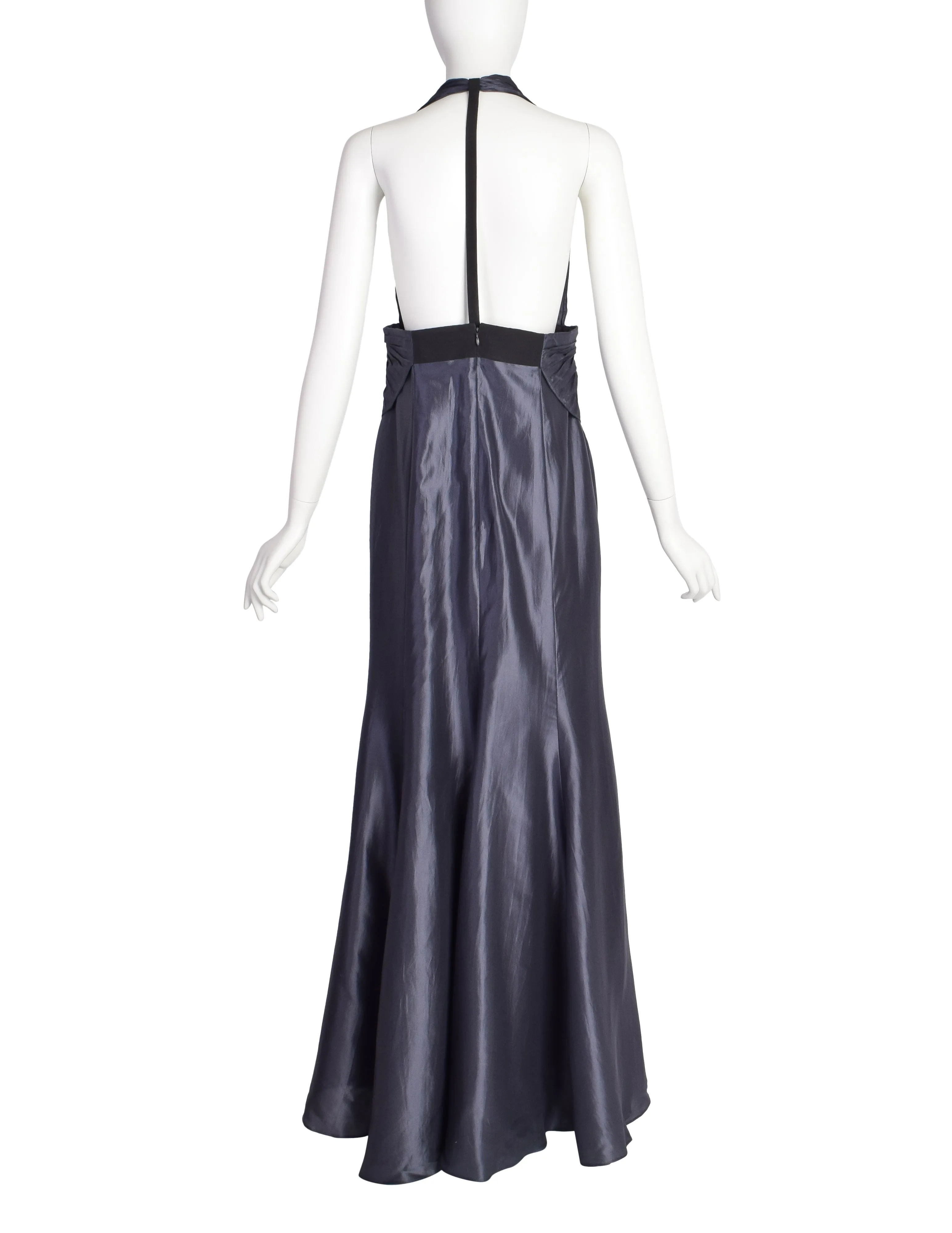 Giorgio Armani Vintage Stunning Graphite Silk Pleated Bodice Backless Full Length Halter Gown