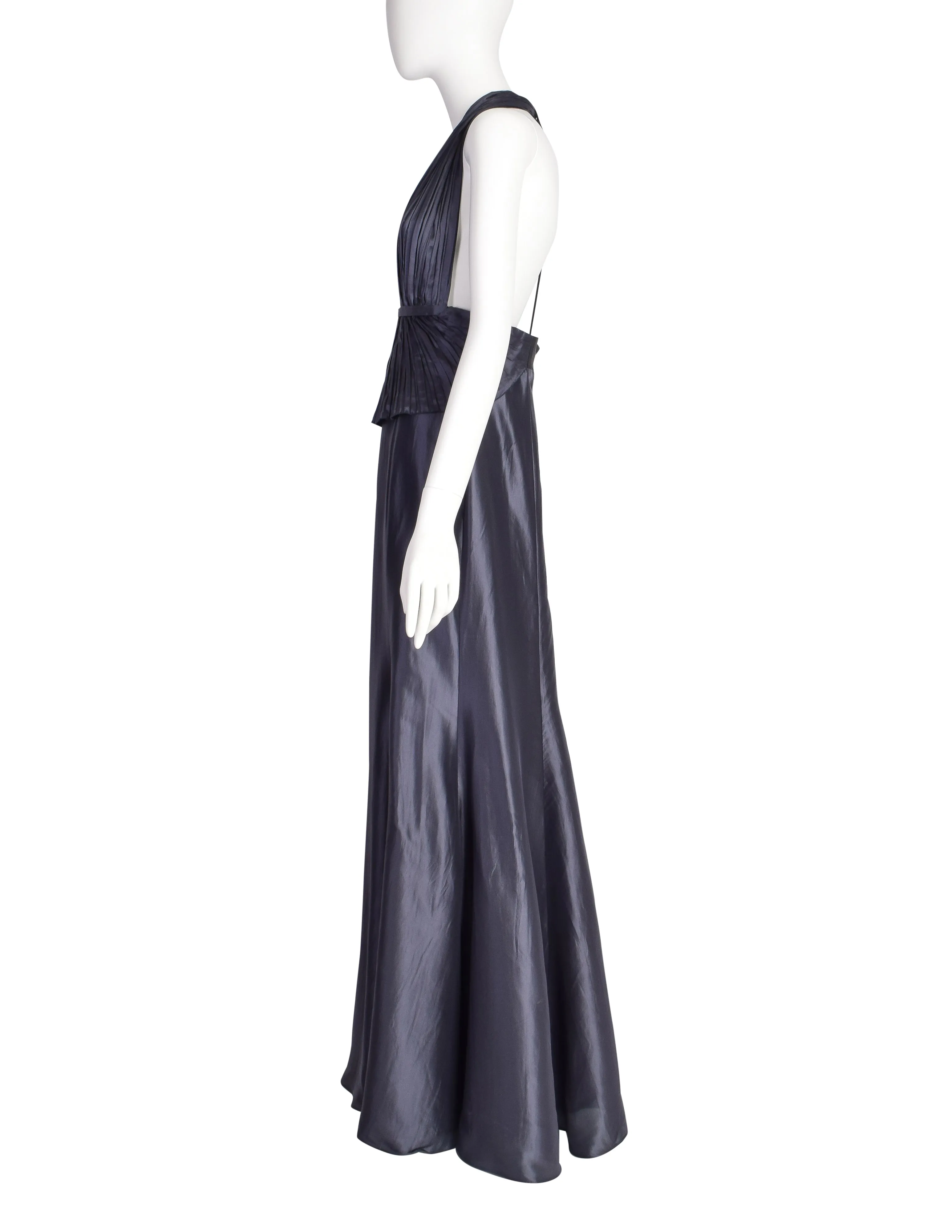 Giorgio Armani Vintage Stunning Graphite Silk Pleated Bodice Backless Full Length Halter Gown