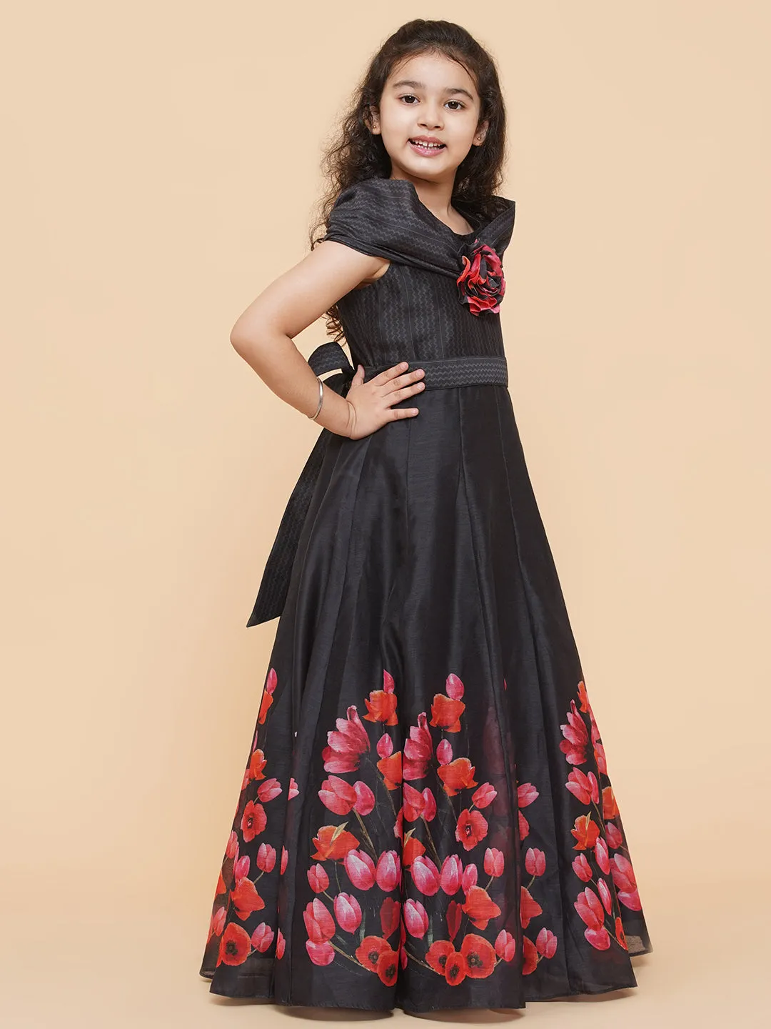 Girl's Black Chnaderi Tulip Digital Print Fit & Flared Dress - Bitiya By Bhama