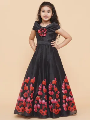 Girl's Black Chnaderi Tulip Digital Print Fit & Flared Dress - Bitiya By Bhama