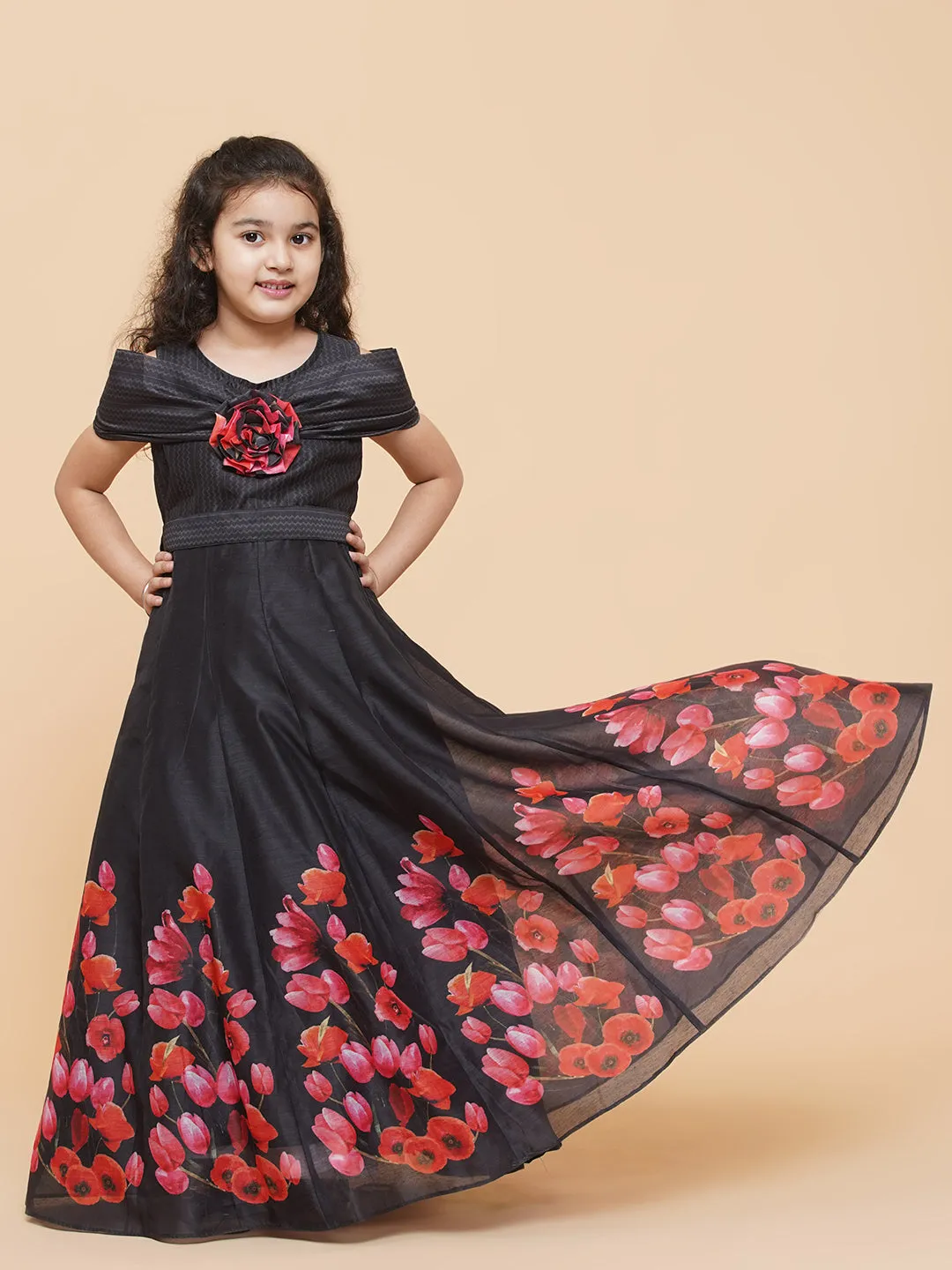 Girl's Black Chnaderi Tulip Digital Print Fit & Flared Dress - Bitiya By Bhama