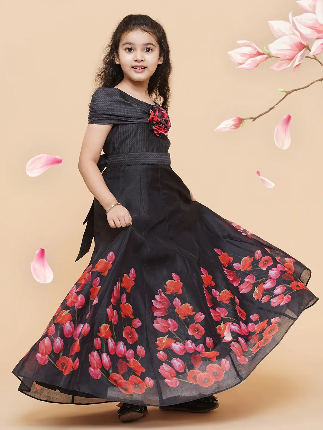 Girl's Black Chnaderi Tulip Digital Print Fit & Flared Dress - Bitiya By Bhama