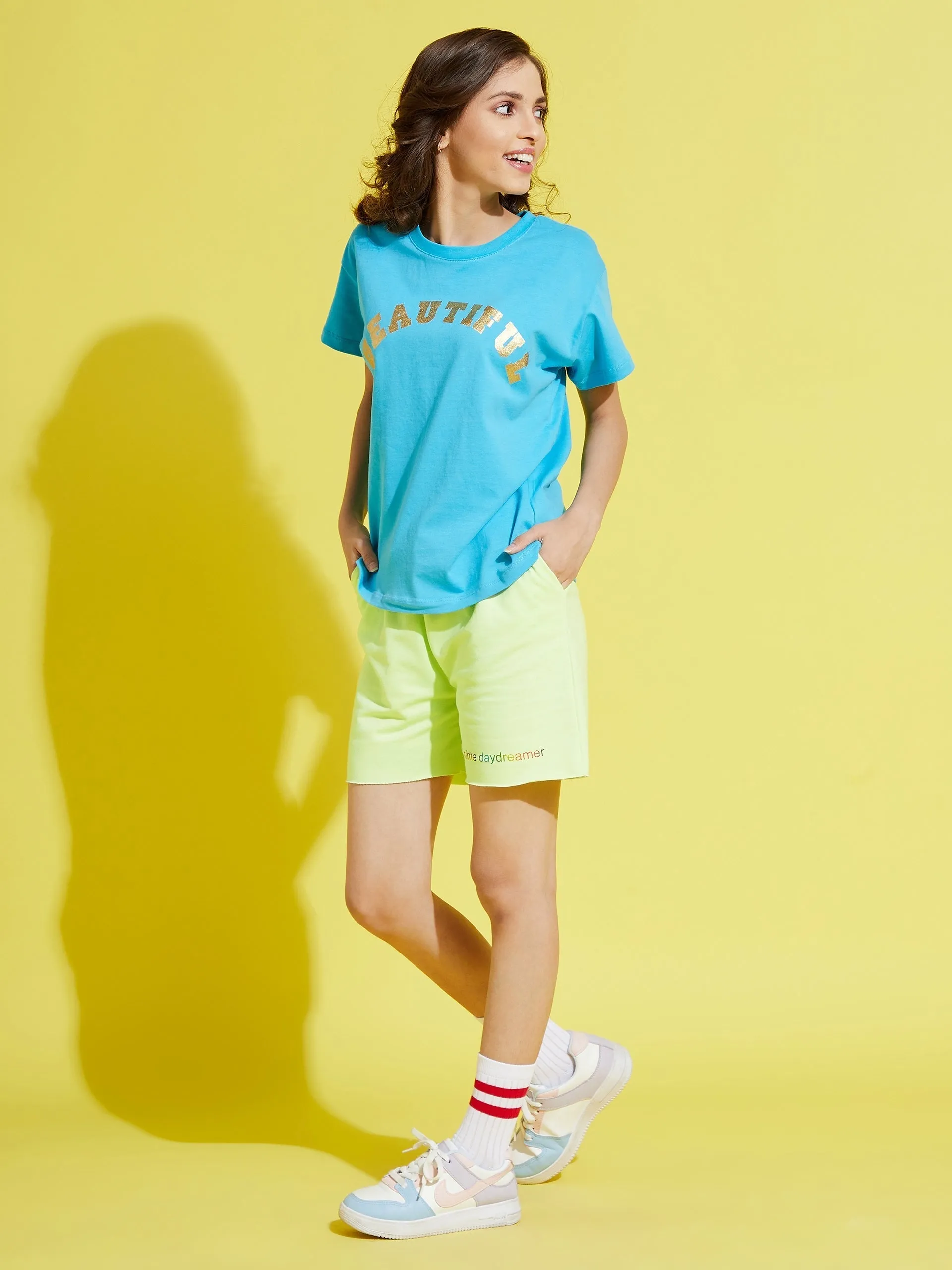 Girls Green Terry Full-Time-Day-Dreamer Baseball Shorts