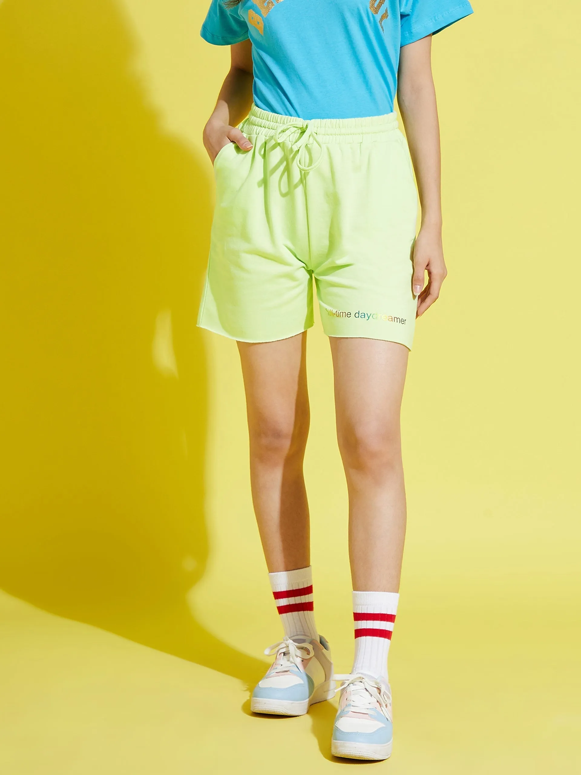 Girls Green Terry Full-Time-Day-Dreamer Baseball Shorts