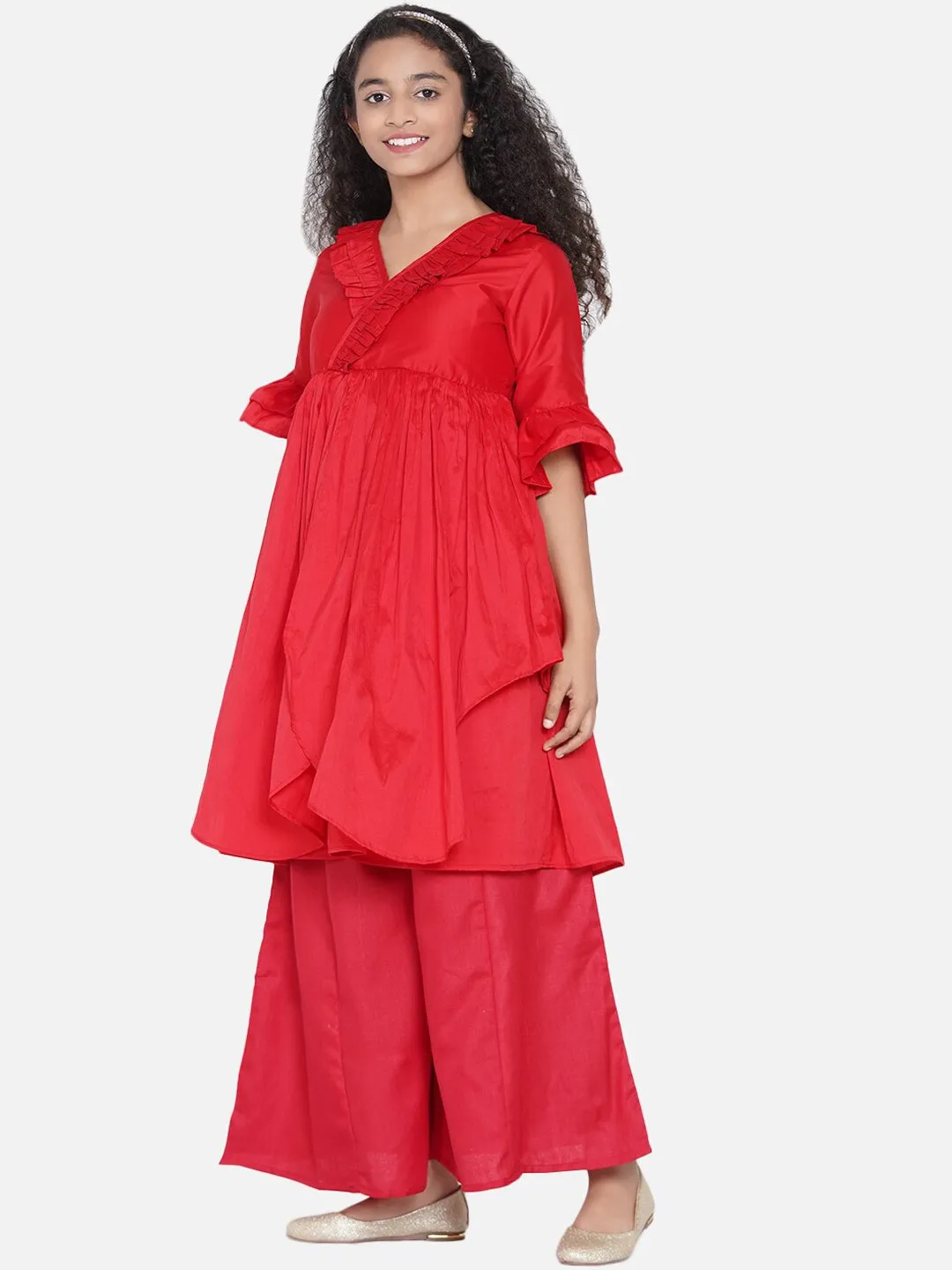 Girl's Red Pleated Asymmetric Kurta with Palazzos - NOZ2TOZ KIDS