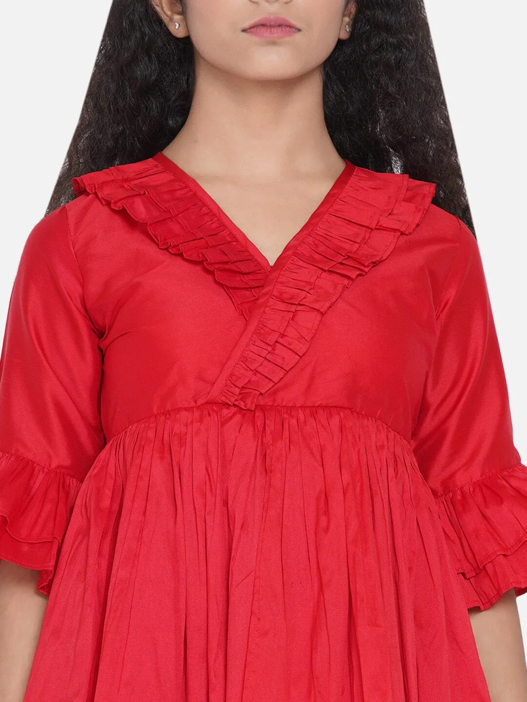 Girl's Red Pleated Asymmetric Kurta with Palazzos - NOZ2TOZ KIDS