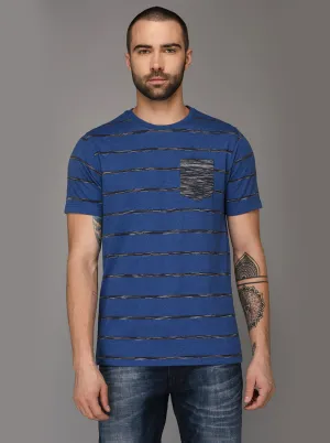 Greenfibre Blue Melange Striped Slim Fit Round Neck T-Shirt