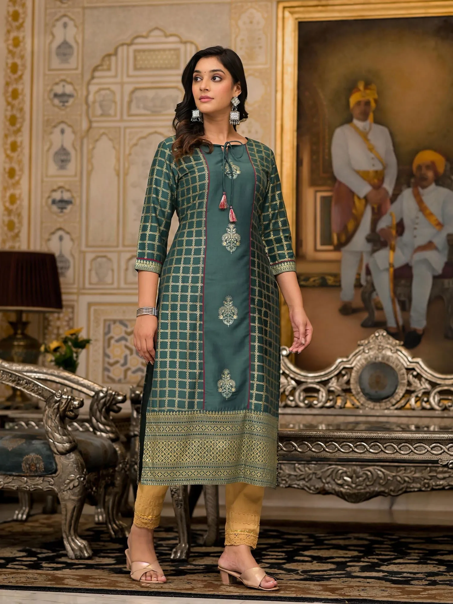 Jashvi Bottle Green Ethnic Motif Printed Cotton Women Kurta With Dori Detail