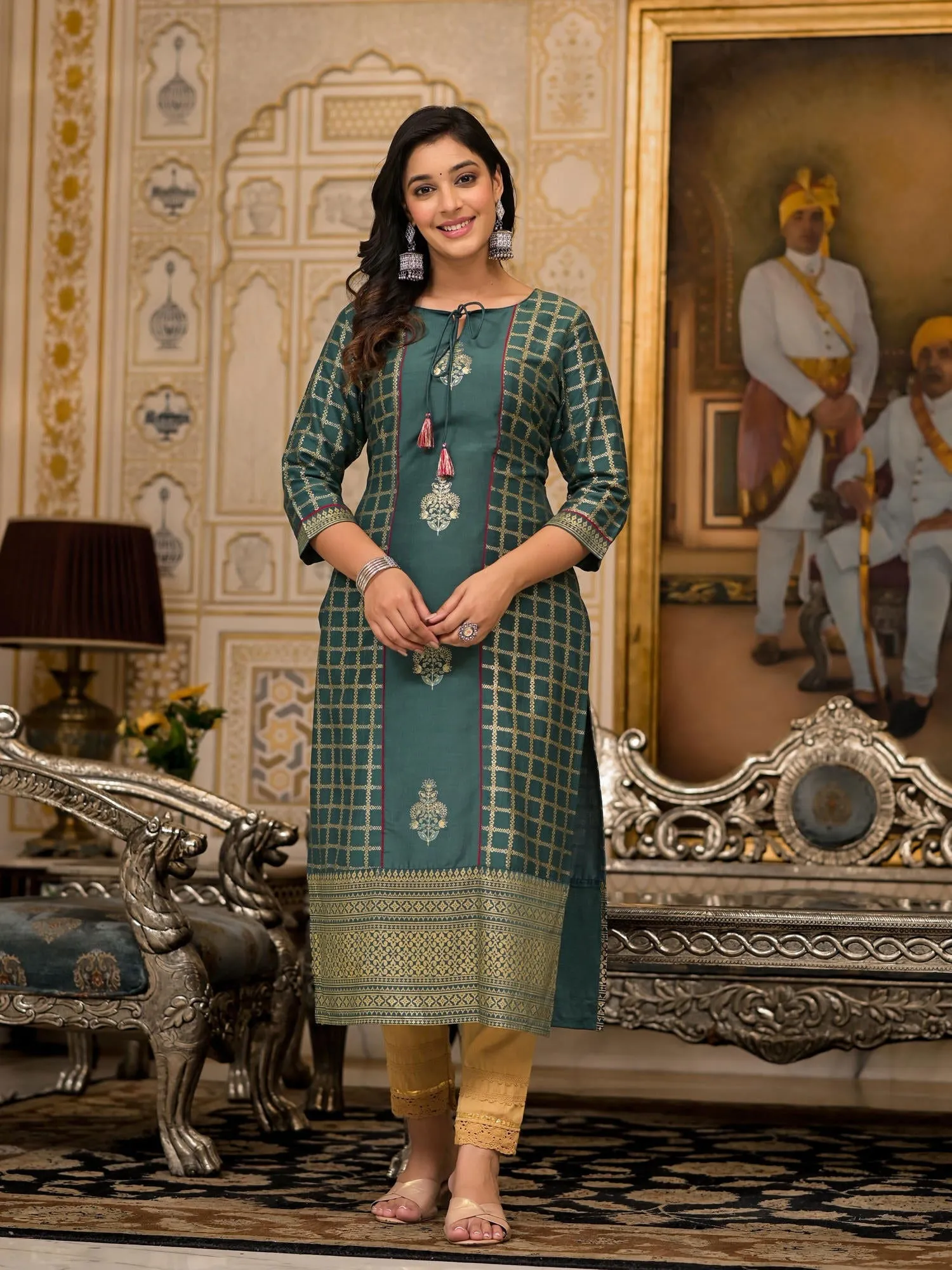 Jashvi Bottle Green Ethnic Motif Printed Cotton Women Kurta With Dori Detail