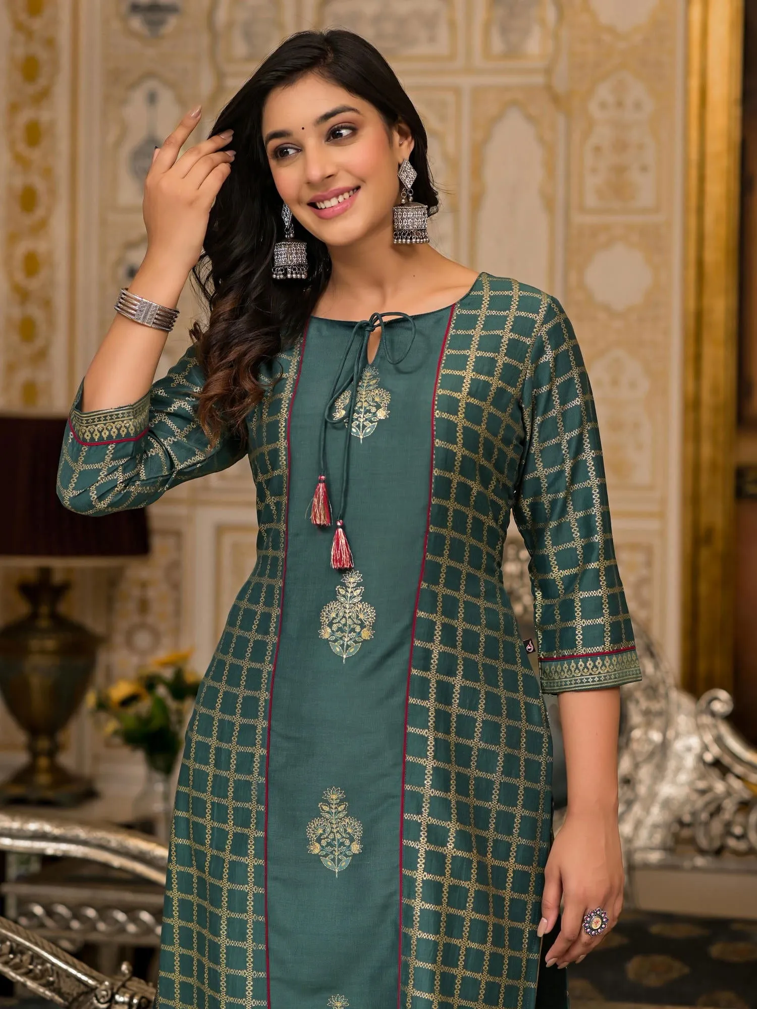 Jashvi Bottle Green Ethnic Motif Printed Cotton Women Kurta With Dori Detail