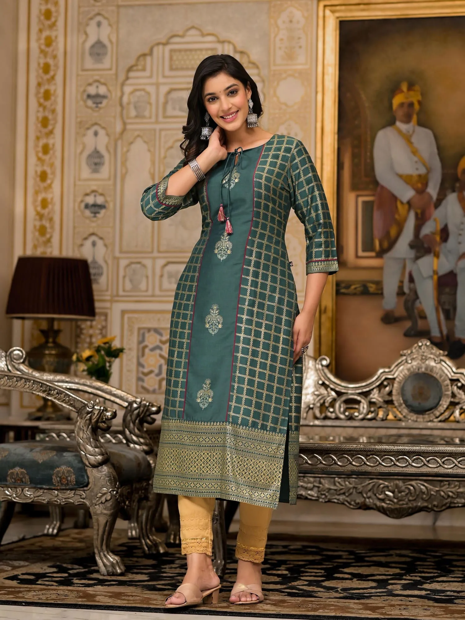 Jashvi Bottle Green Ethnic Motif Printed Cotton Women Kurta With Dori Detail