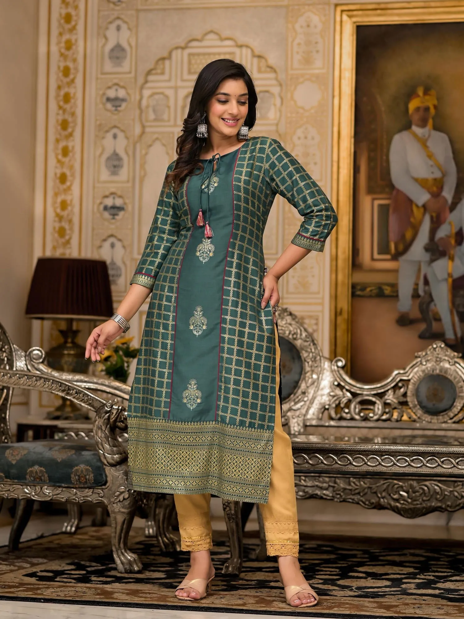 Jashvi Bottle Green Ethnic Motif Printed Cotton Women Kurta With Dori Detail