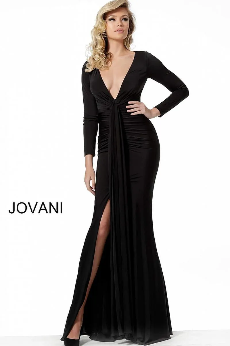 JOVANI 64983 Black Long Sleeve Fitted Jersey Dress