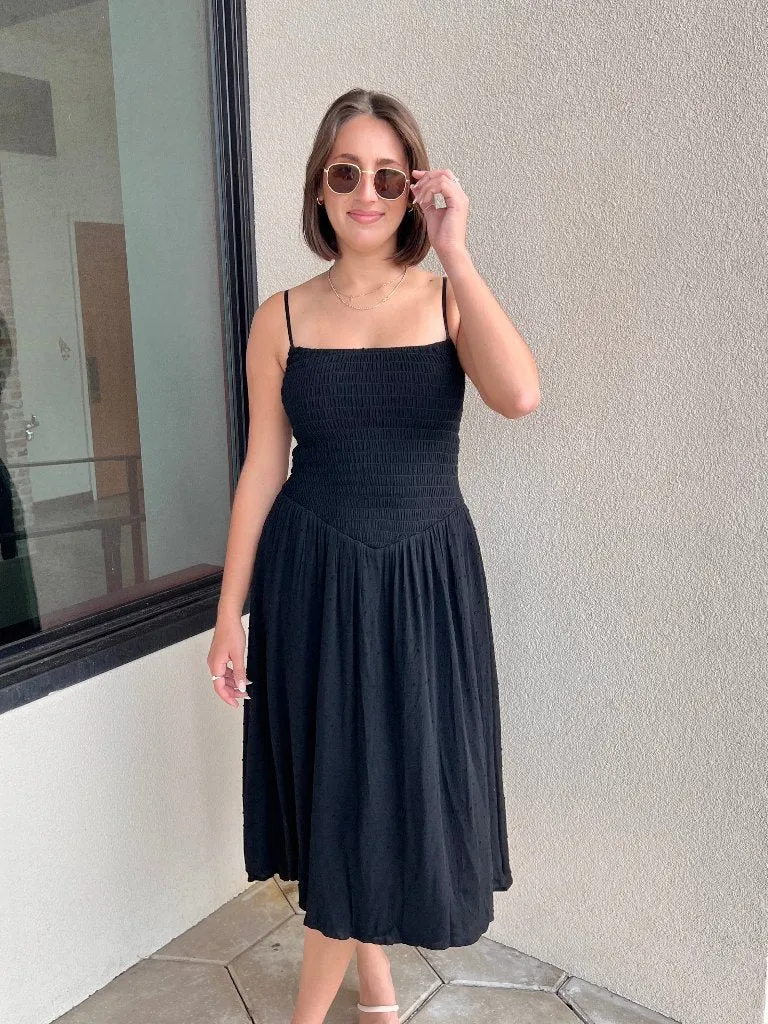 JULIAN SMOCKED MIDI DRESS IN BLACK