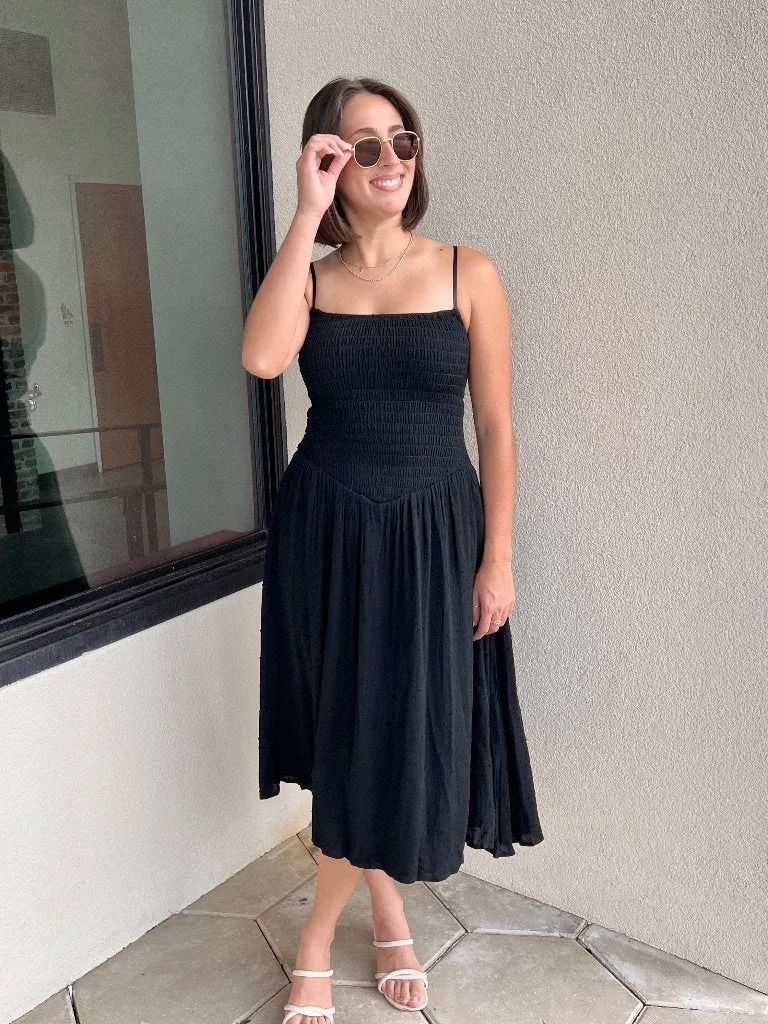 JULIAN SMOCKED MIDI DRESS IN BLACK