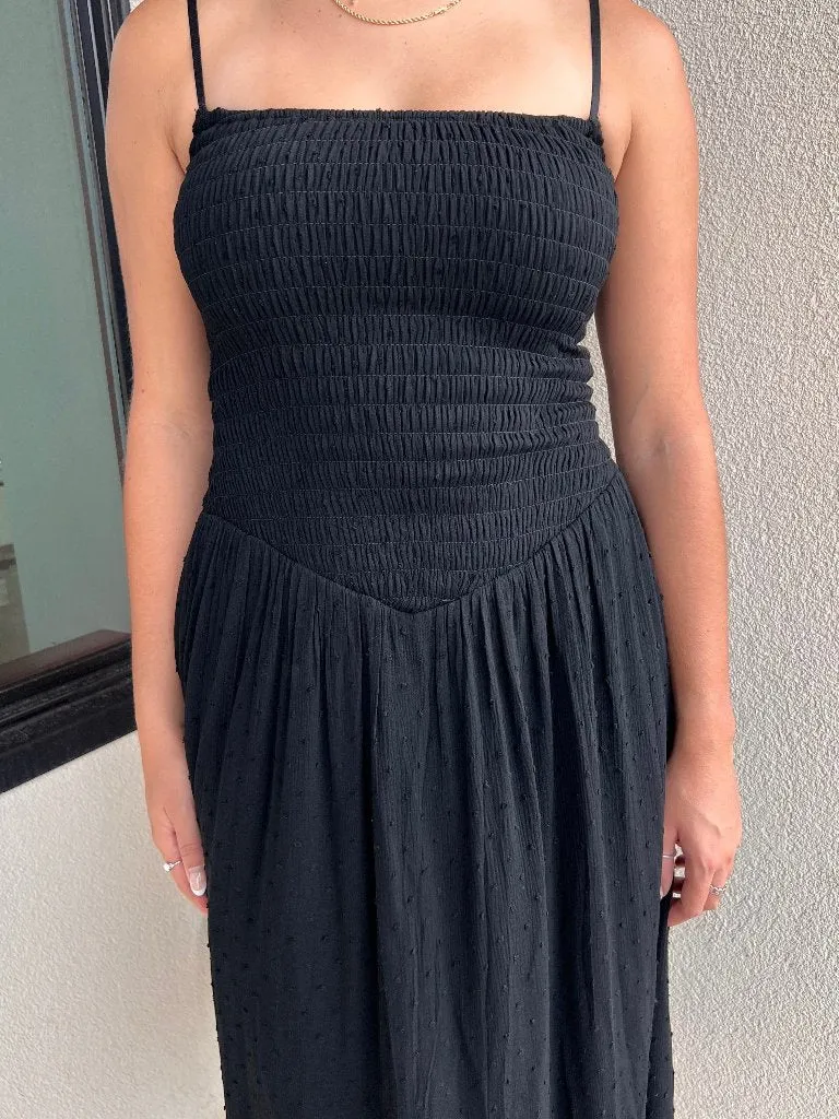 JULIAN SMOCKED MIDI DRESS IN BLACK