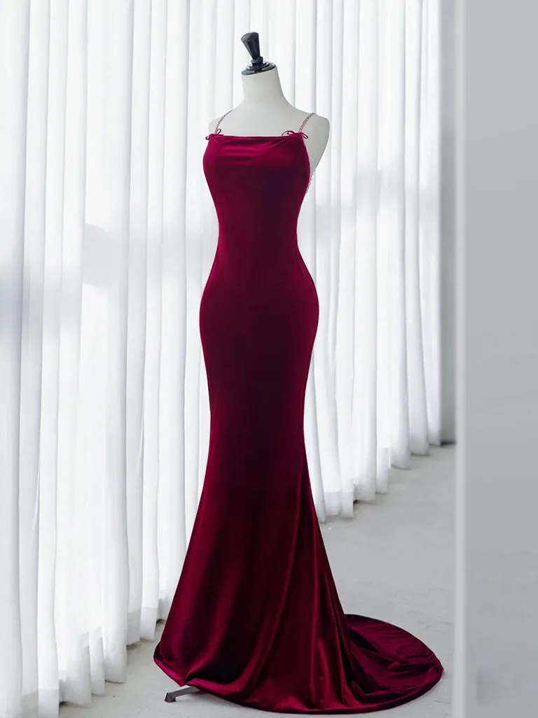 kamahe Simple Velvet Mermaid Burgundy Long Prom Dress, Burgundy Long Formal Dress