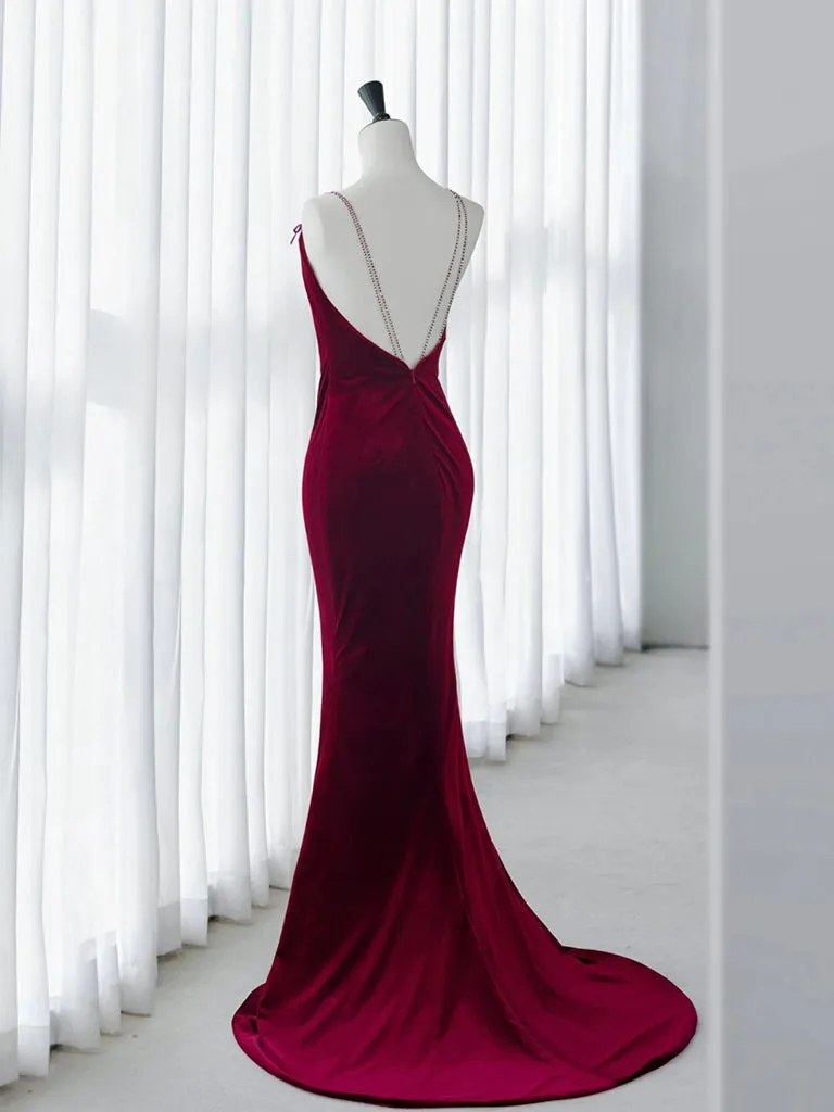 kamahe Simple Velvet Mermaid Burgundy Long Prom Dress, Burgundy Long Formal Dress