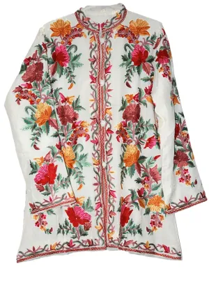 Kashmiri Woolen Jacket Off-White, Multicolor Embroidery #AO-055