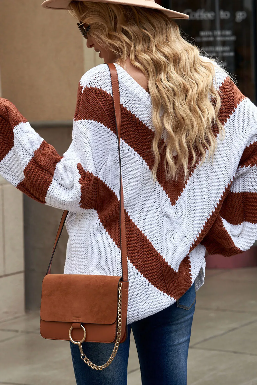 LADIES--Sexy, Off-The-Shoulder, Cable-Knit, V-Neck Sweater