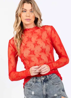 Long Sleeve Floral Lace Top in Red by Sewn   Seen