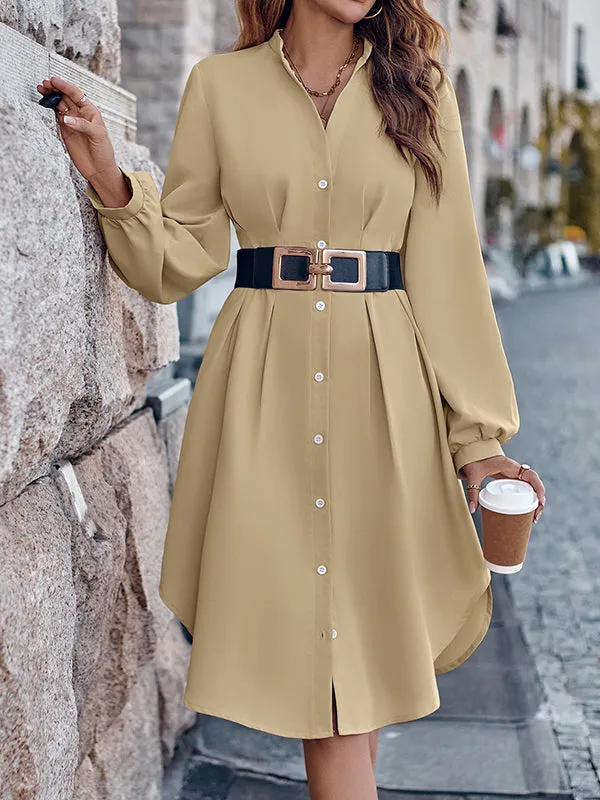 Long Sleeves Loose Buttoned No Belt Pleated Solid Color V-neck Midi Dresses Shirt Dress