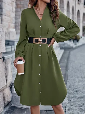 Long Sleeves Loose Buttoned No Belt Pleated Solid Color V-neck Midi Dresses Shirt Dress