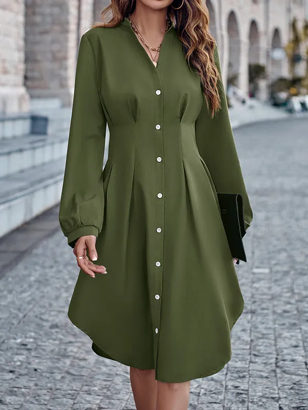 Long Sleeves Loose Buttoned No Belt Pleated Solid Color V-neck Midi Dresses Shirt Dress