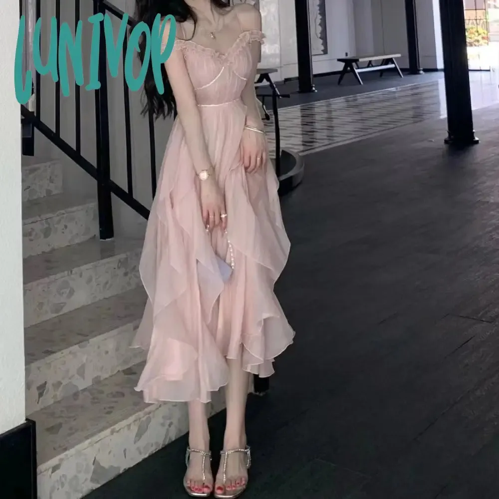 Lunivop cybergoth dress to impress Tea Break French Style Pink Sling Dress Female Summer Milk Sweet Escape Princess Vintage Vintage First Love Dress Super Fairy