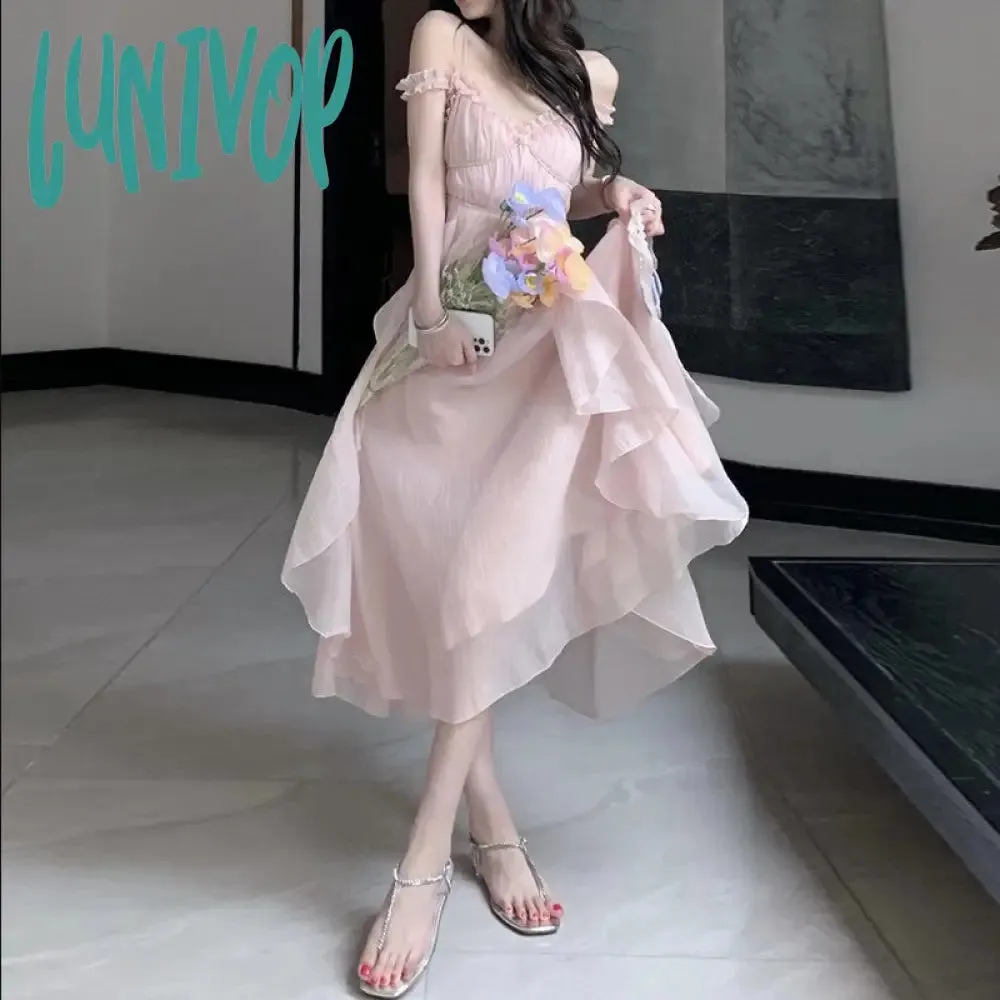 Lunivop cybergoth dress to impress Tea Break French Style Pink Sling Dress Female Summer Milk Sweet Escape Princess Vintage Vintage First Love Dress Super Fairy