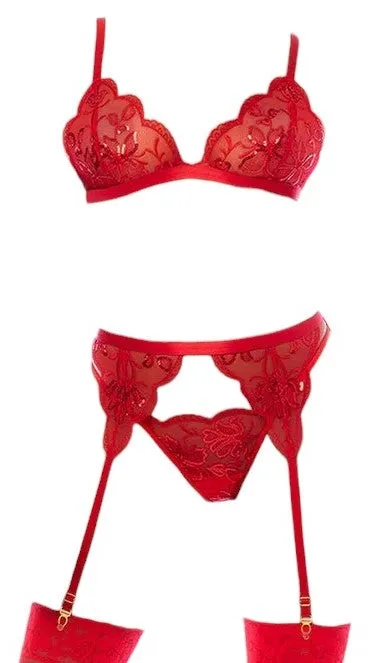 Mapale Holiday 3 PC Sequin Mesh with Floral Details Bralette with Garter Belt and Matching Thong Red