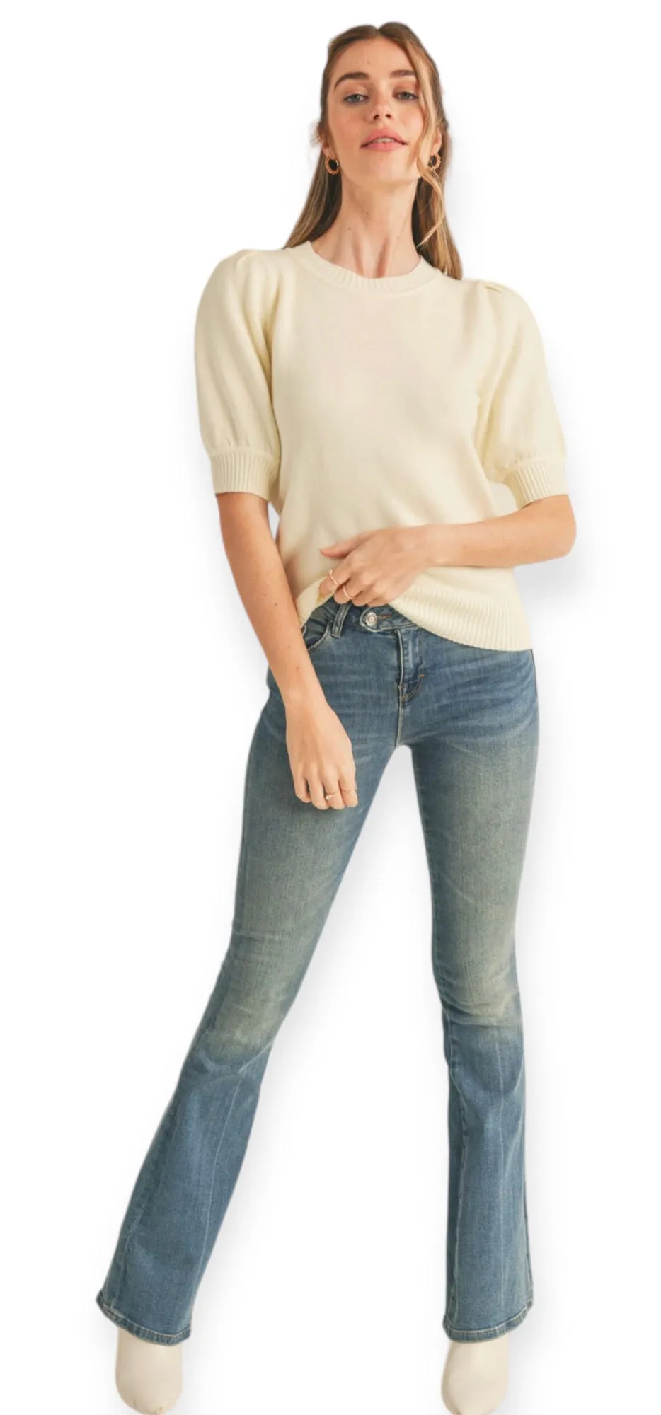 Marie Rosa Puff Sleeve Sweater Top- Ivory