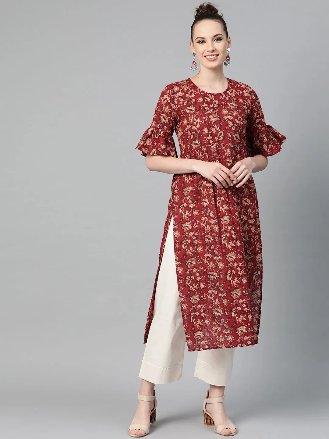 Maroon & Beige Printed A-Line Kurta With Round Flared Sleeves