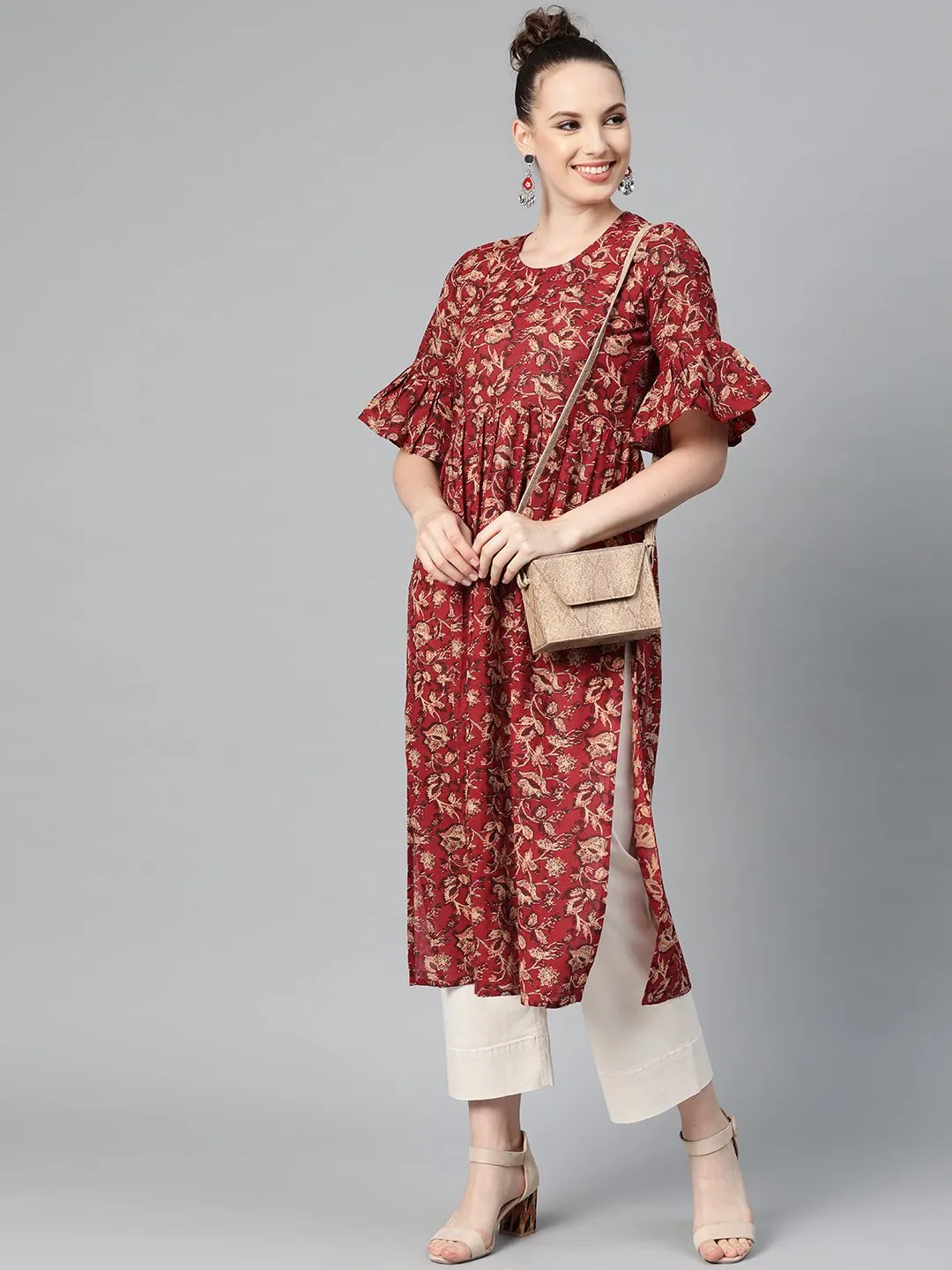 Maroon & Beige Printed A-Line Kurta With Round Flared Sleeves