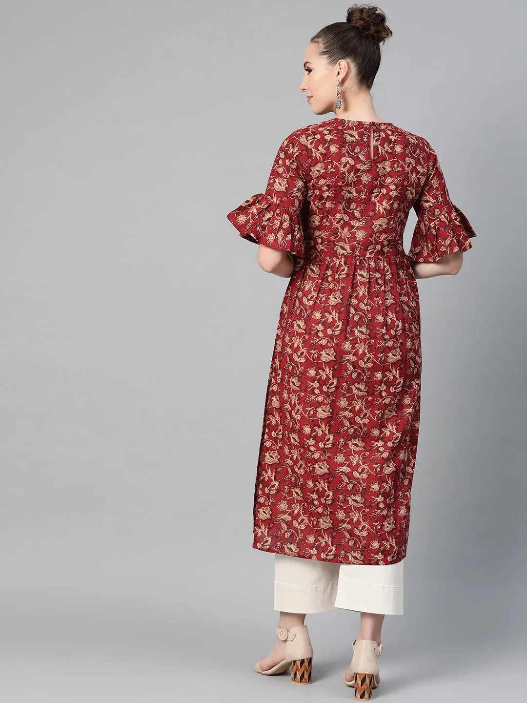 Maroon & Beige Printed A-Line Kurta With Round Flared Sleeves