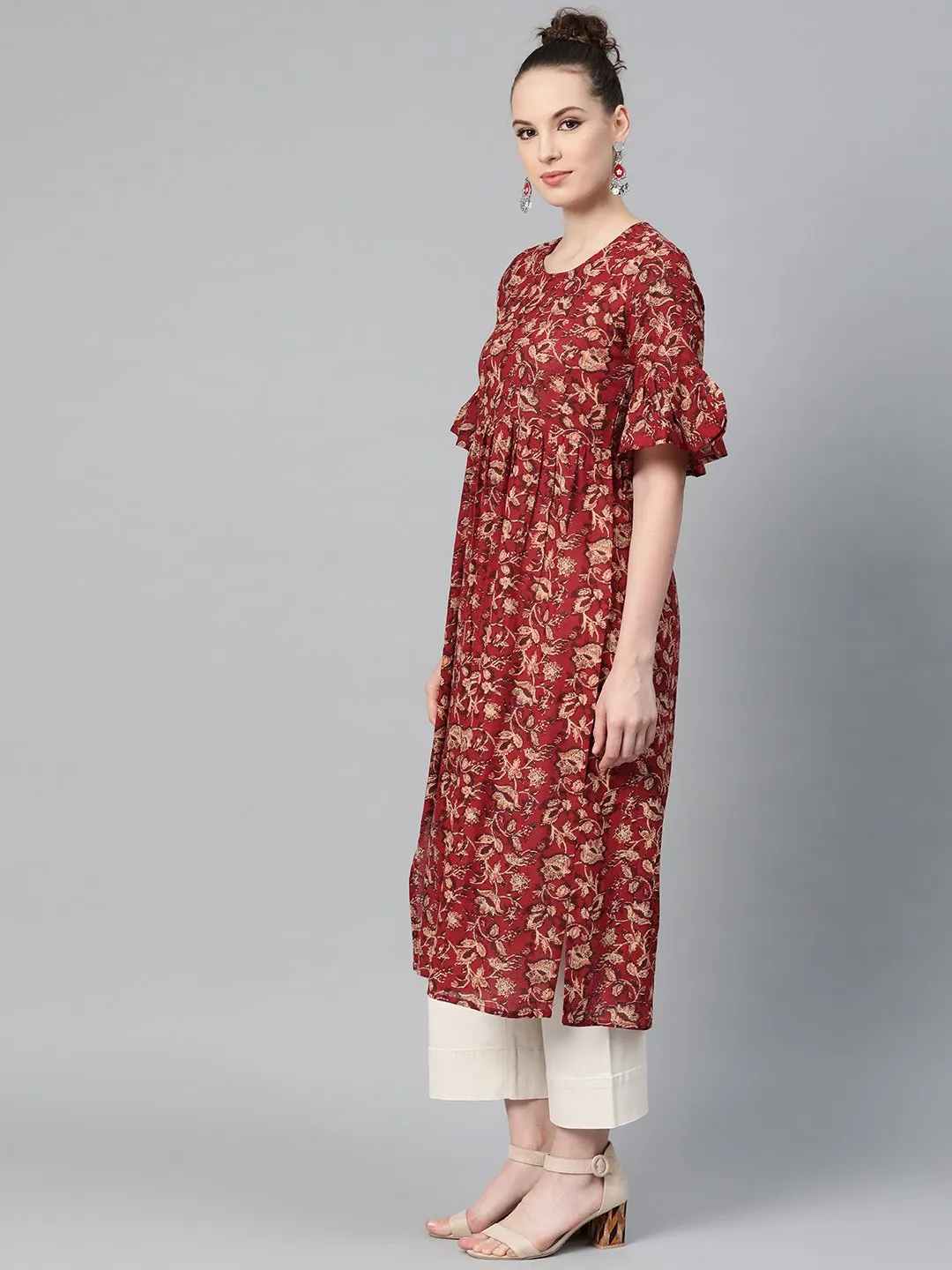 Maroon & Beige Printed A-Line Kurta With Round Flared Sleeves