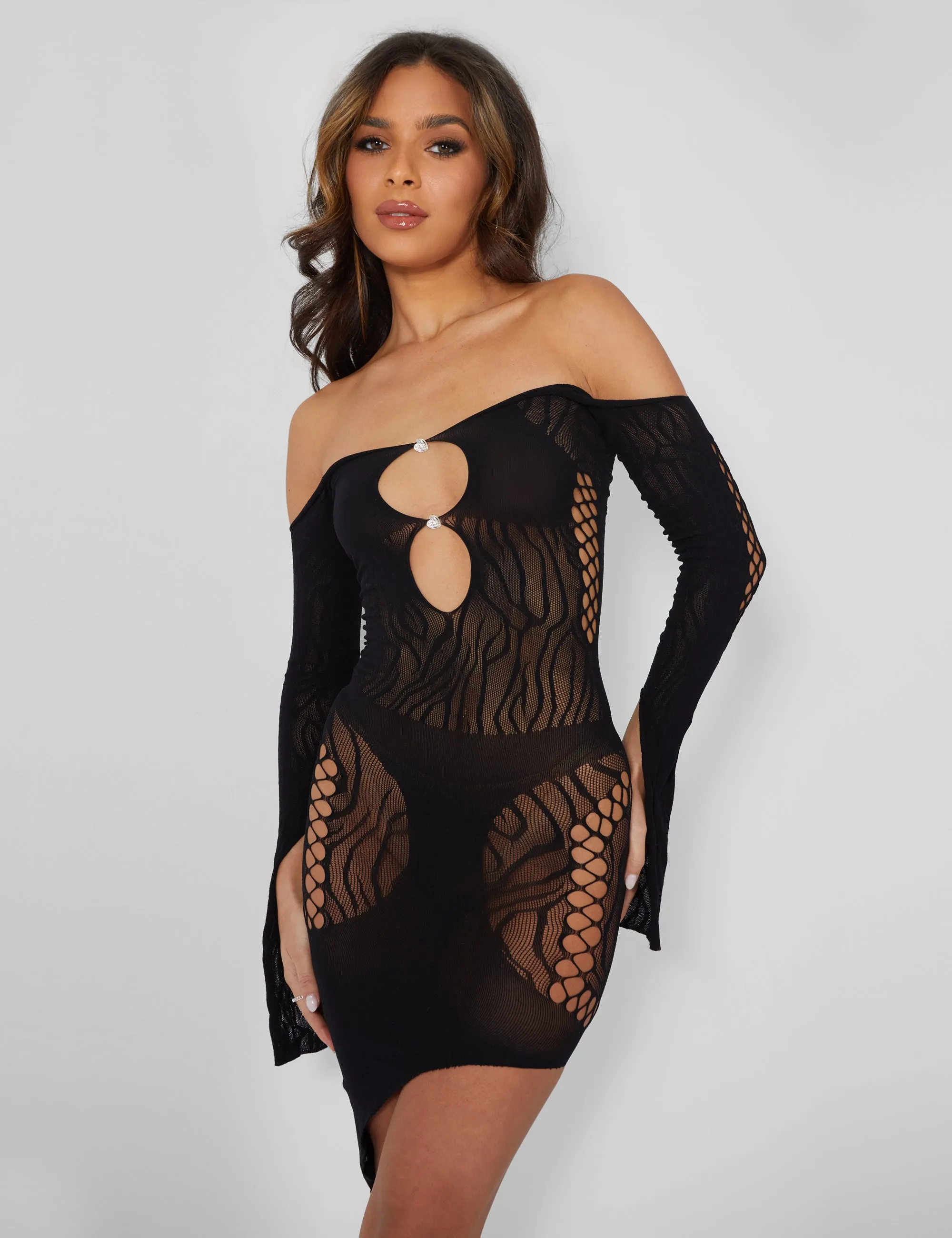 Mesh Panel Keyhole Off The Shoulder Asymmetric Mini Dress Black