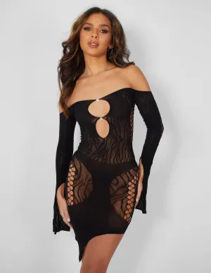 Mesh Panel Keyhole Off The Shoulder Asymmetric Mini Dress Black