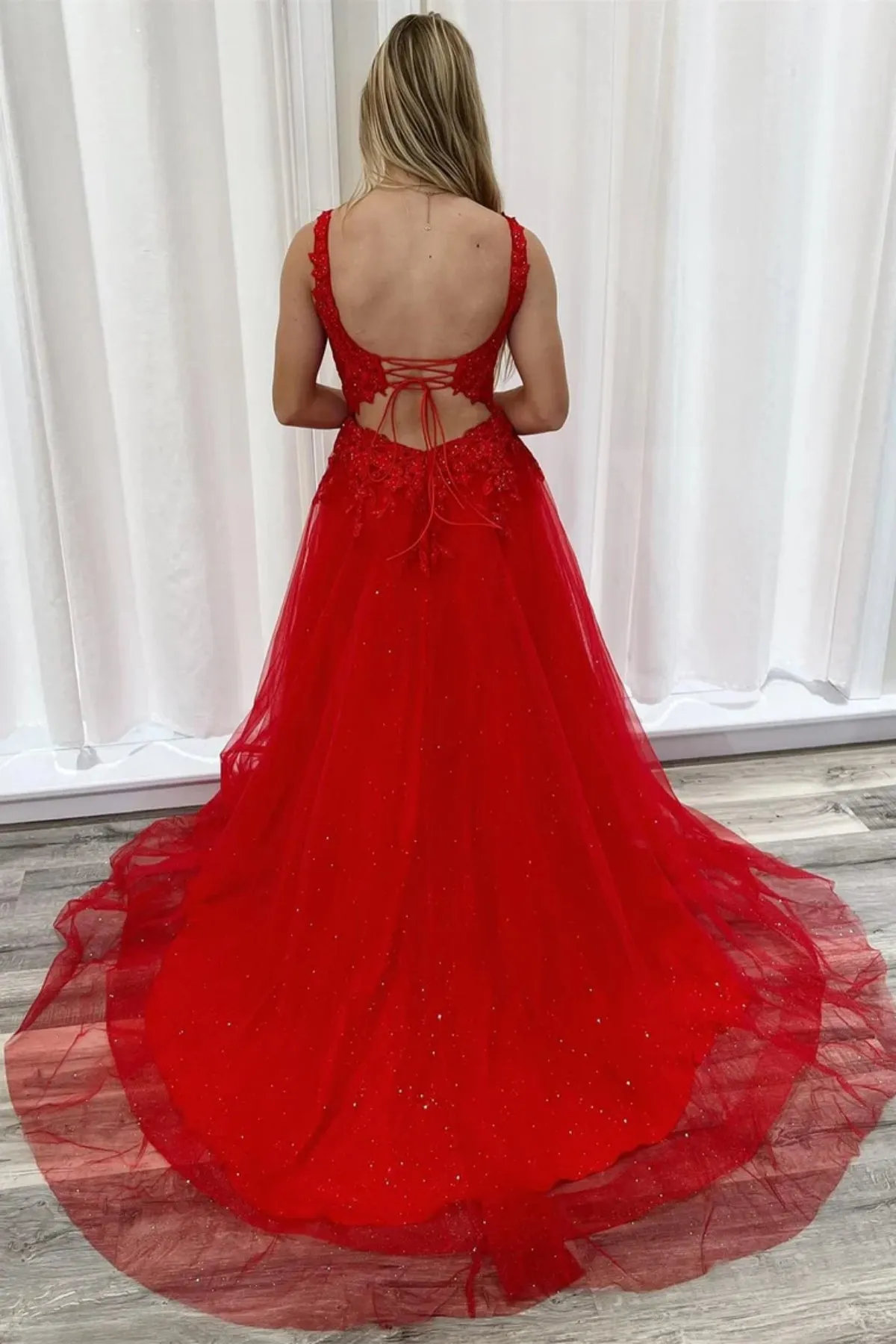 Open Back Red Lace Floral Long Prom Dress with High Slit, Red Lace Formal Graduation Evening Dress A2120