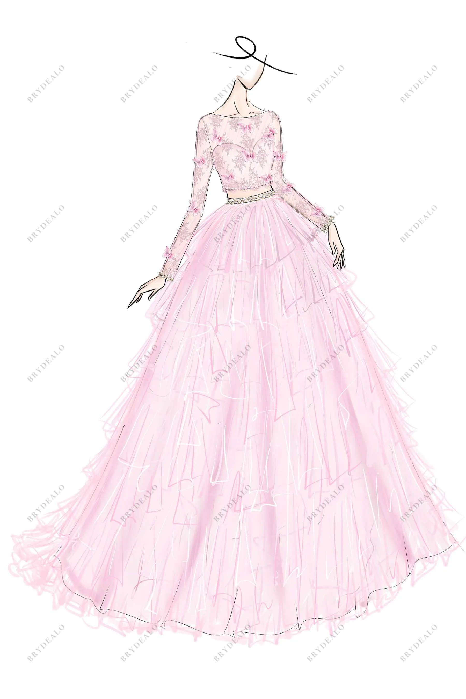 Pink Lace Ruffled Ball Gown Two-piece Bridal Dress Sketch