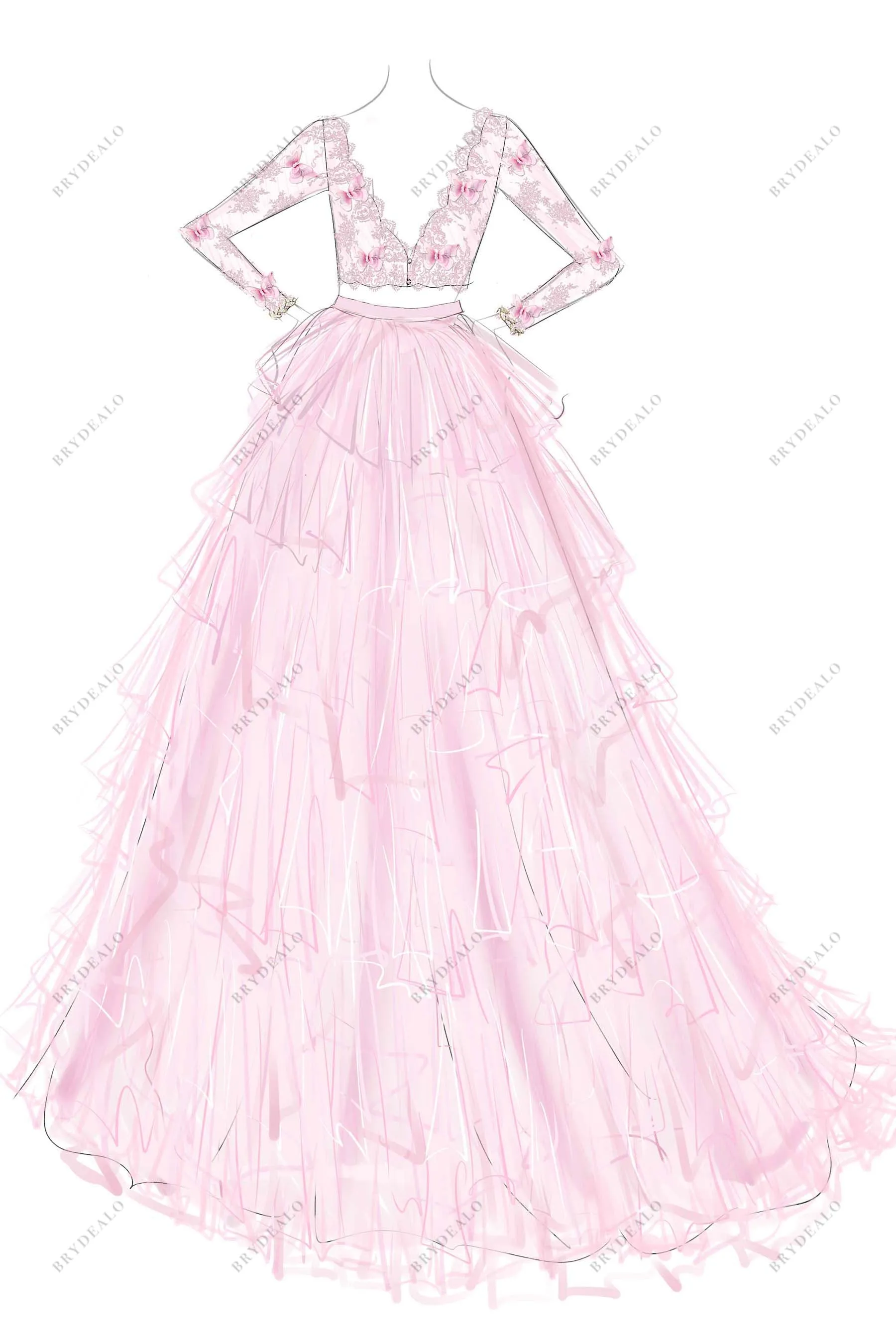 Pink Lace Ruffled Ball Gown Two-piece Bridal Dress Sketch