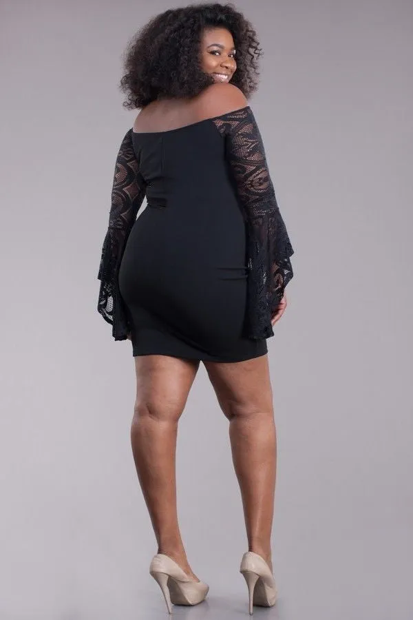 Plus Black Off Shoulder Dress Trumpet Bell Sleeve Lace Bodycon Mini Cocktail