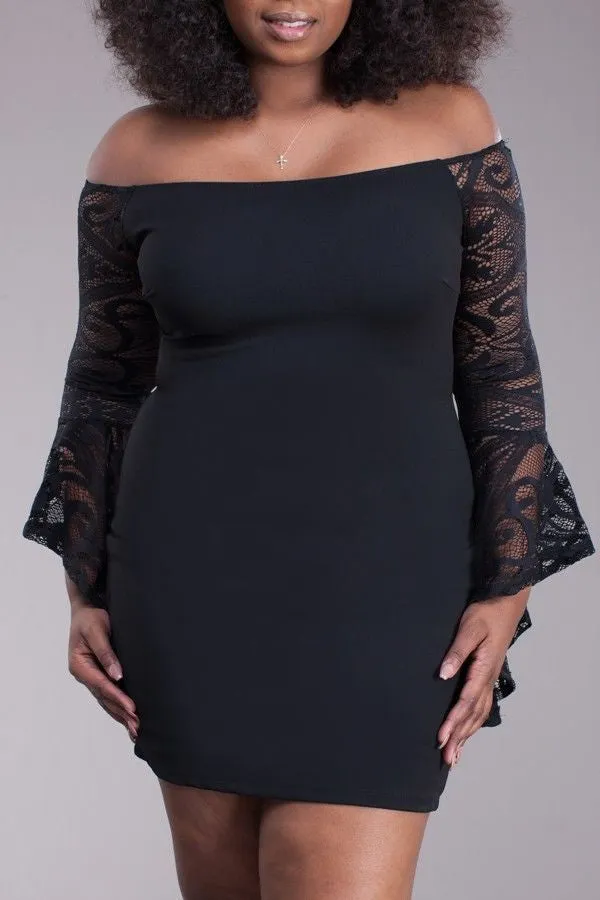 Plus Black Off Shoulder Dress Trumpet Bell Sleeve Lace Bodycon Mini Cocktail