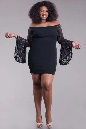 Plus Black Off Shoulder Dress Trumpet Bell Sleeve Lace Bodycon Mini Cocktail