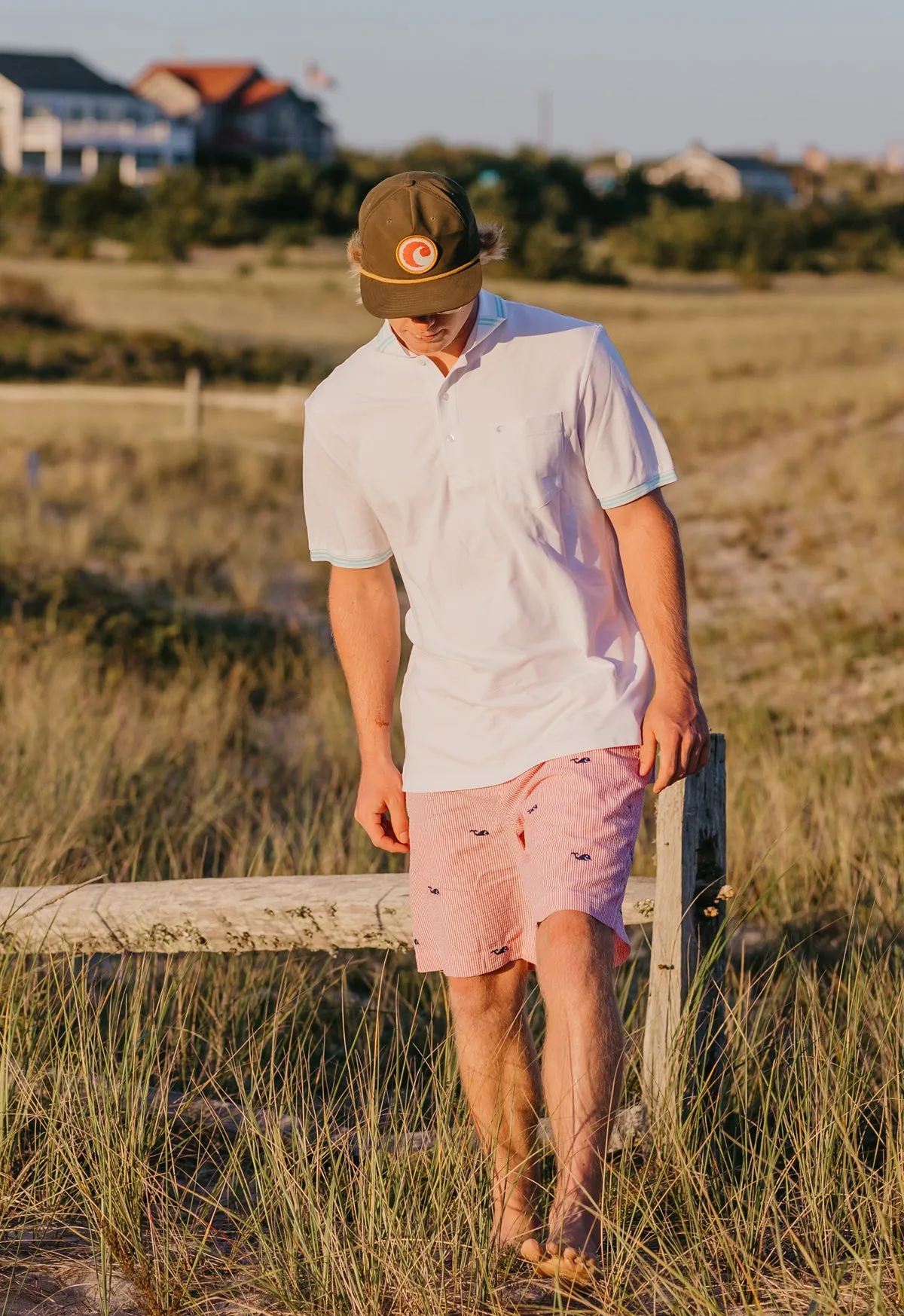 Red Mens Seersucker Shorts with Navy Embroidered Whales