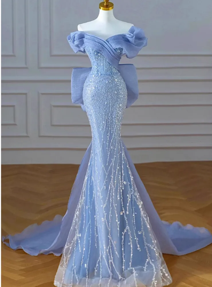 Sexy Blue Mermaid Tulle Sequins Off the Shoulder Prom Dress