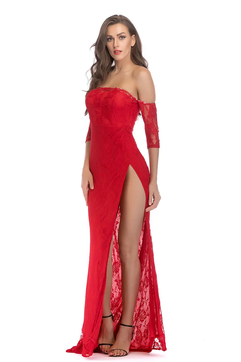 Sexy Red Off-the-shoulder Lace Thigh-high Slit Long Dress