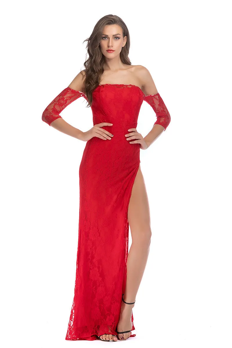 Sexy Red Off-the-shoulder Lace Thigh-high Slit Long Dress